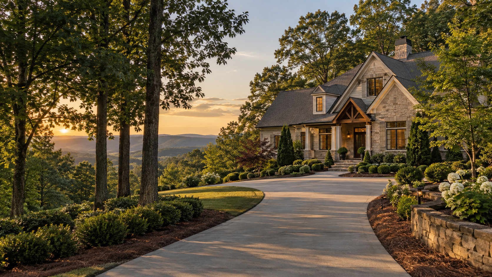 Illustrative North Georgia home overlooking wooded foothills at sunset