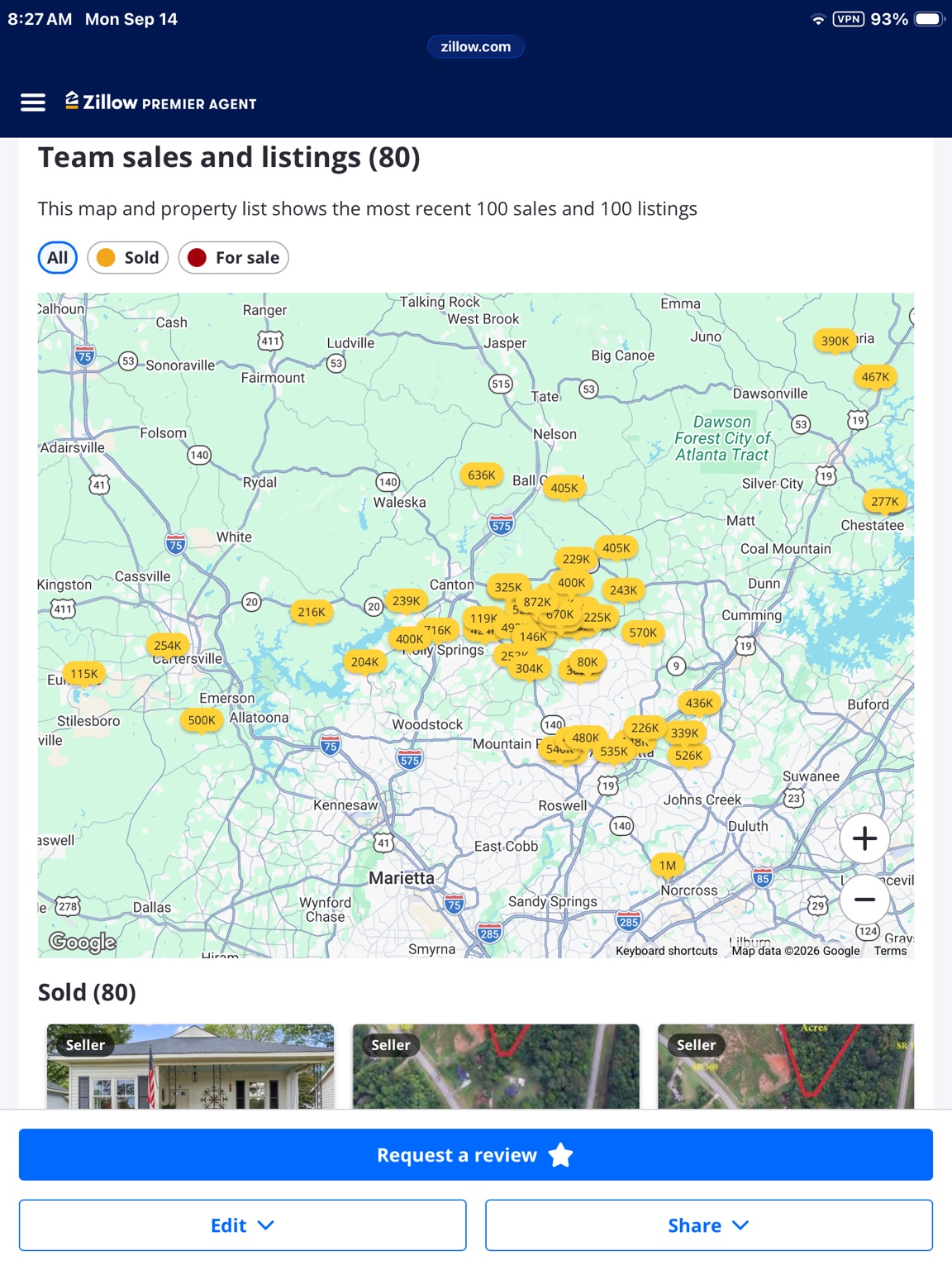 Map of Tommy Lyon sold-property locations across North Georgia, concentrated around Canton, with sale-price labels from Euharlee and Cartersville to Dawsonville and the North Atlanta suburbs.
